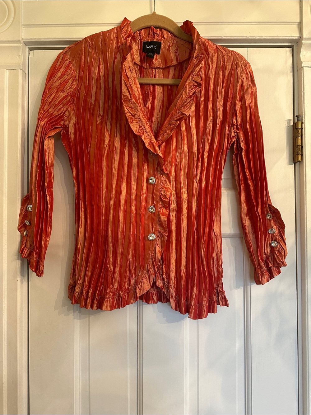 MSK Orange Shimmer Ruffled Crinkle Button Blouse